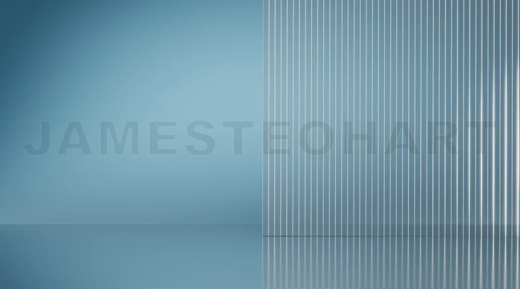 
3D Modern empty room with vertical pale blue stripes reflecting on the floor