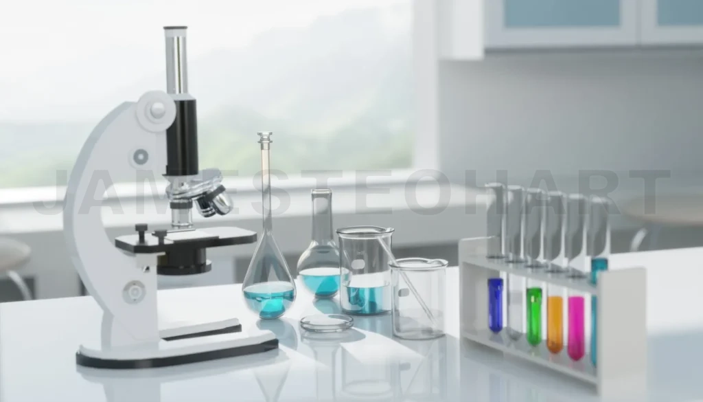 
3D Laboratory microscope with test tubes and beakers stands on table for scientific experiment