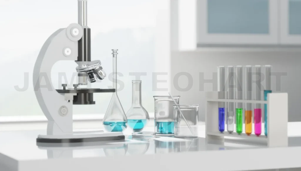 
3D Laboratory microscope with test tubes and beakers displaying chemical research experiment