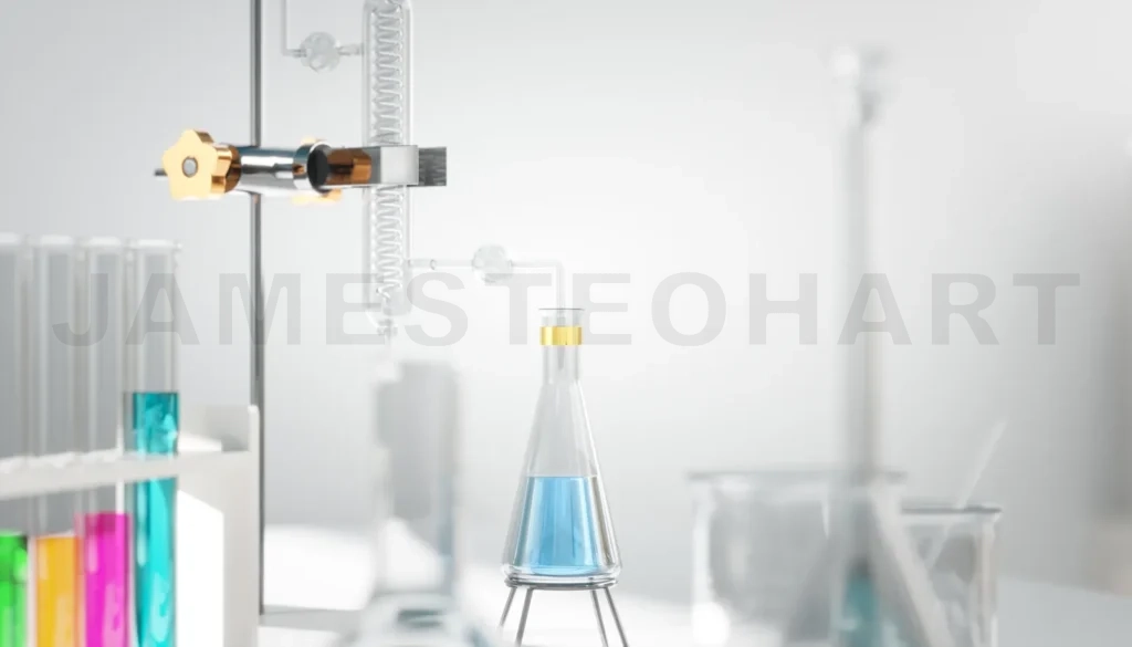 
3D Laboratory apparatus dripping blue liquid into erlenmeyer flask during experiment