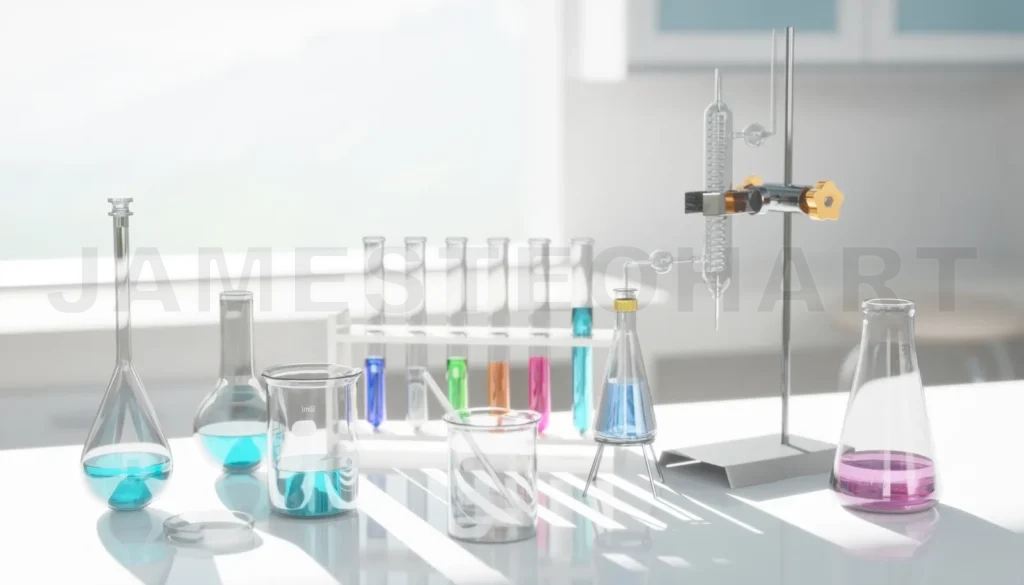 
3D Glassware filled with colorful liquids arranged on a lab table, suggesting ongoing experiments or research