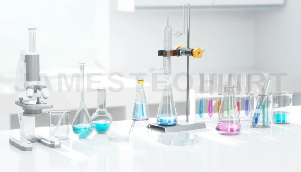 
3D Laboratory equipment conducting experiment with colorful chemicals and microscope