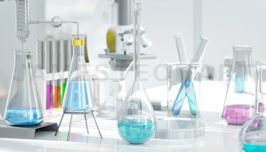 
3D Laboratory glassware containing multicolored fluids undergoing experiment