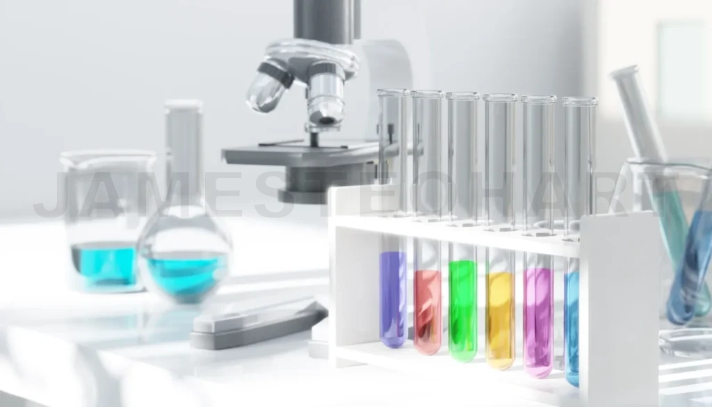 
3D Scientist analyzing colorful test tubes with liquids in modern laboratory using microscope
