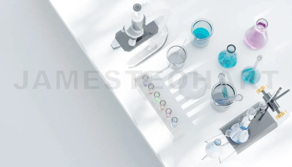 
3D Laboratory equipment stands ready for scientific experiment on white table