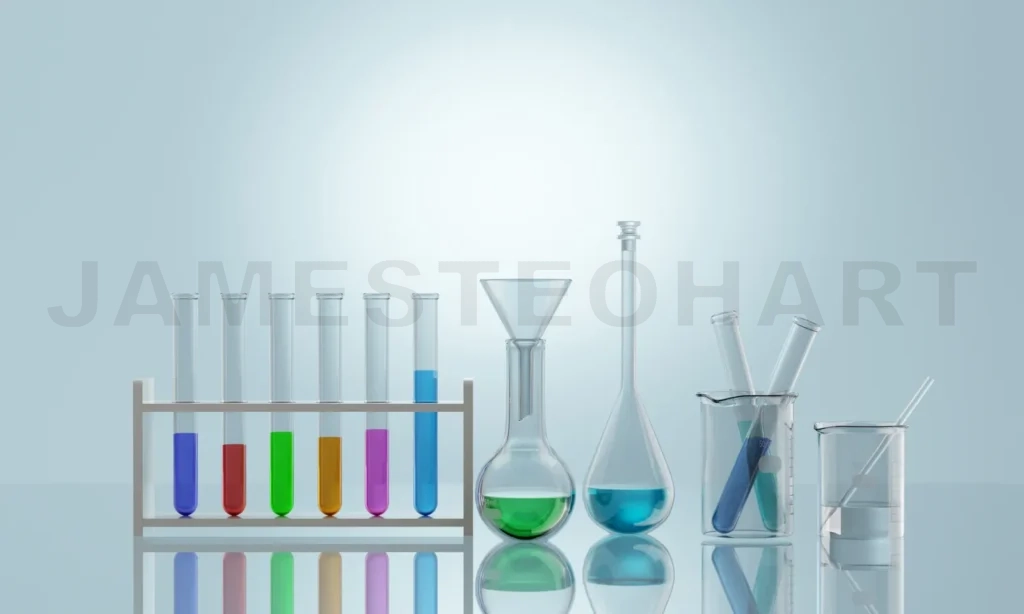 
3D Laboratory glassware containing multicolored chemical liquid reflecting on table