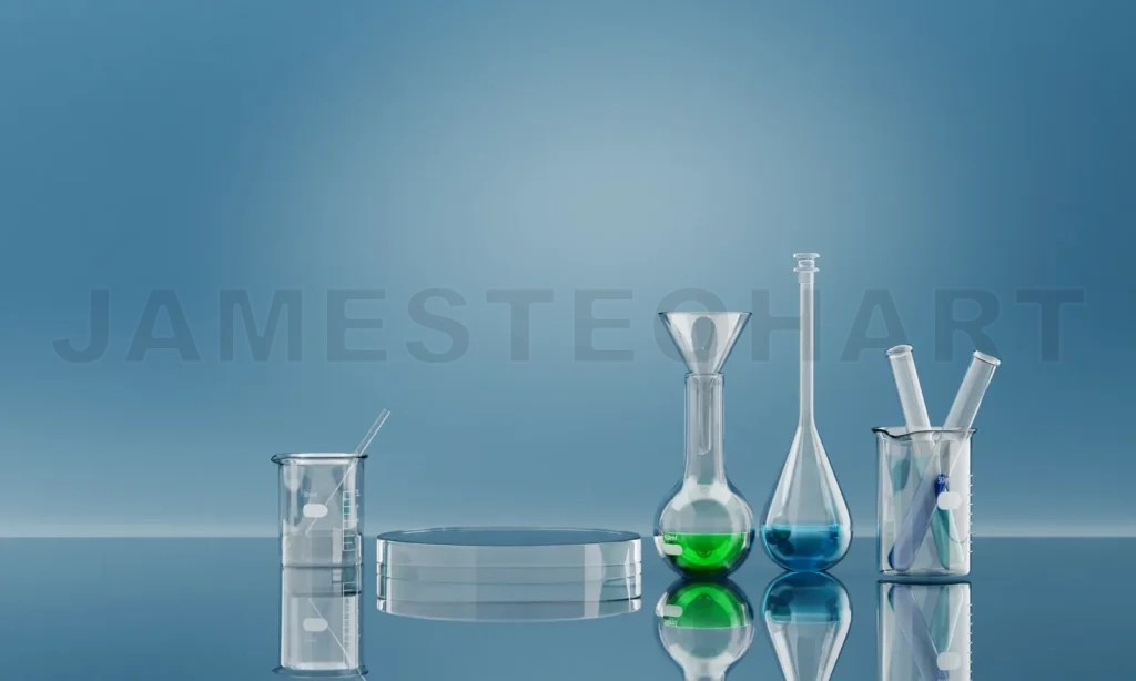 
3D Laboratory glassware containing chemical liquid displaying mixing experiment on reflective surface