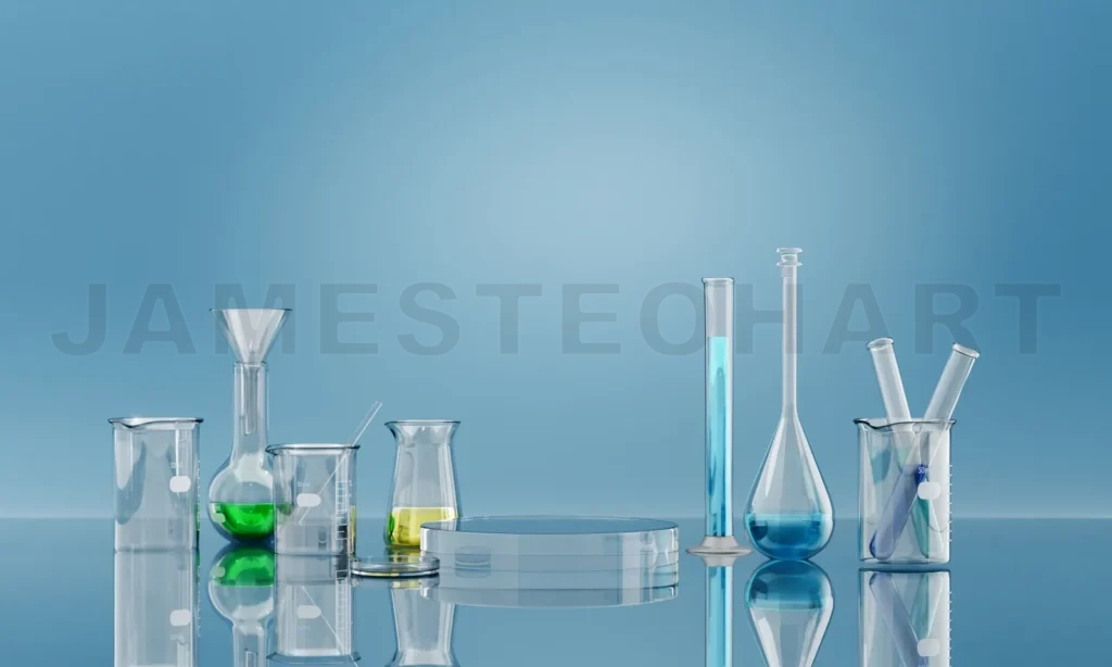 
3D Laboratory glassware containing chemical liquid on blue background