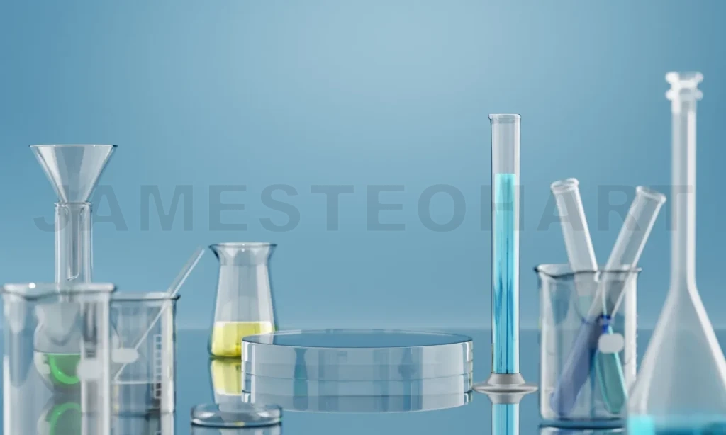 
3D Laboratory glassware displaying chemical solutions for scientific experimentation