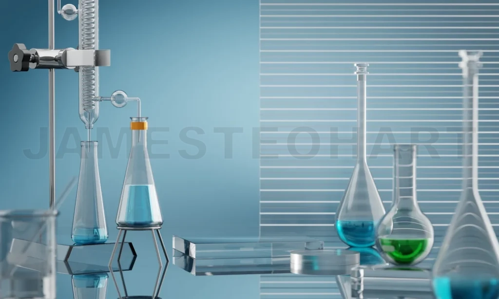
3D Laboratory glassware with colorful liquids undergoing chemical experiment
