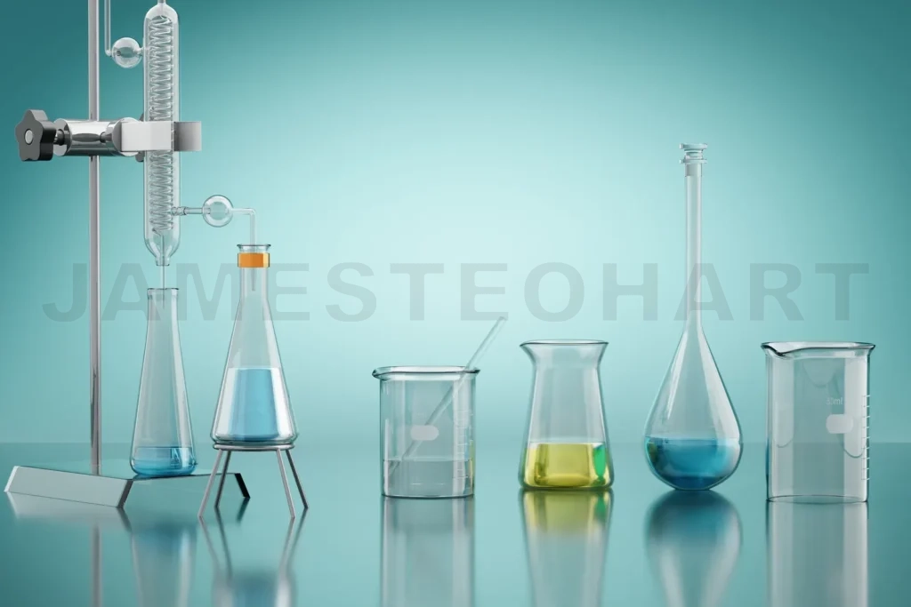 
3D Chemical laboratory equipment conducting experiment with colorful liquids