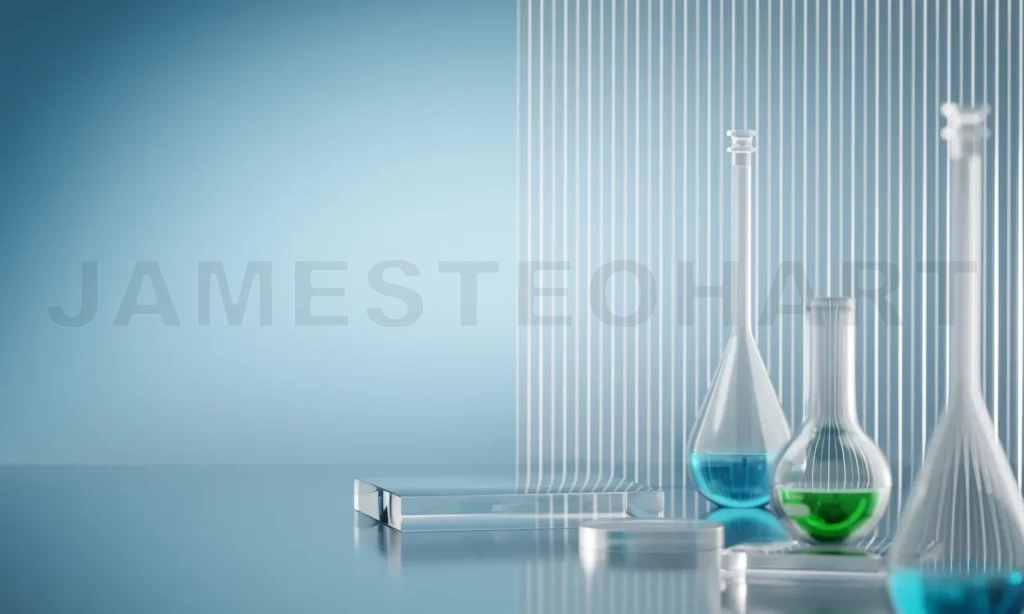 
3D Laboratory glassware displaying vibrant chemical solutions in modern setting