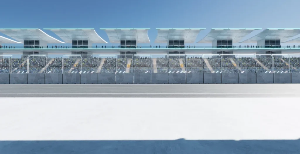 
3D Spectators waiting at the starting line of a race track on a sunny day