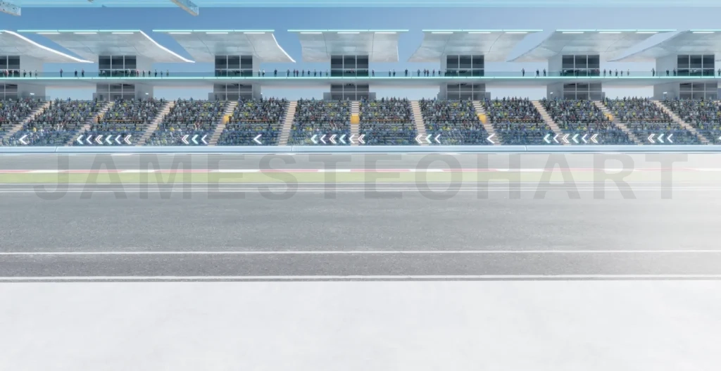 
3D Spectators waiting at finish line of motor racing track