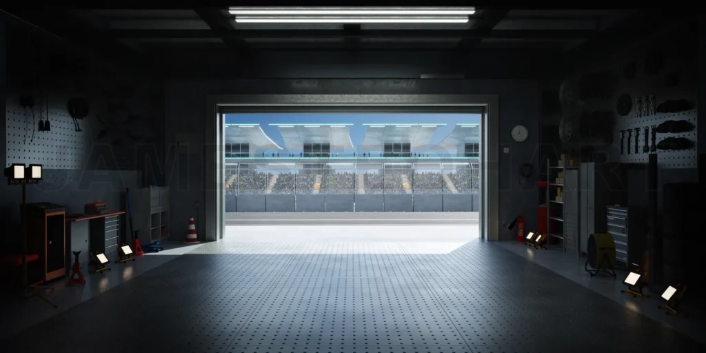 
3D Motorsport pit garage opening onto race track with spectators cheering