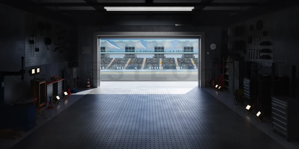 
3D Motorsport garage opening onto a racetrack with crowds cheering