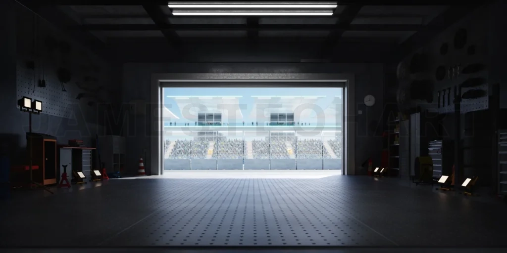 
3D Large garage door opening onto crowded stadium with spectators cheering