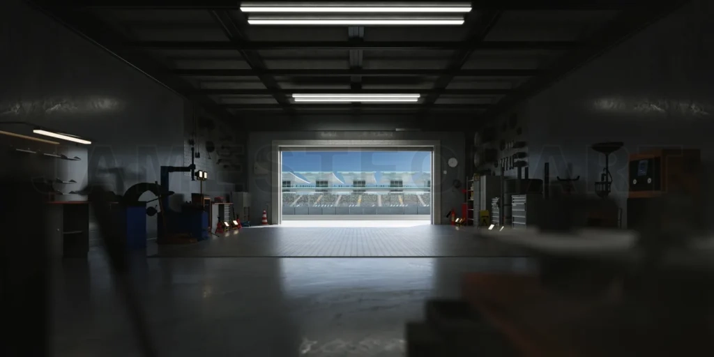 
3D Motorsport workshop overlooking race track with open roller door