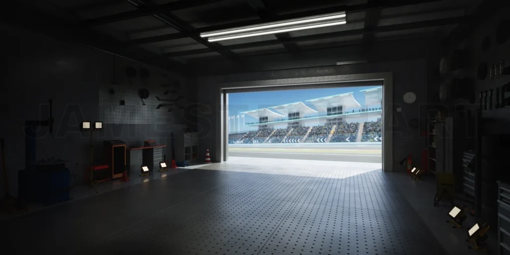 
3D Garage opening onto a racing circuit with spectators cheering