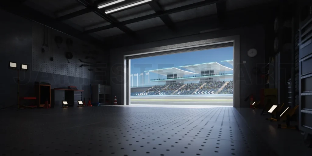 
3D Racing track seen from inside a garage with open roller door