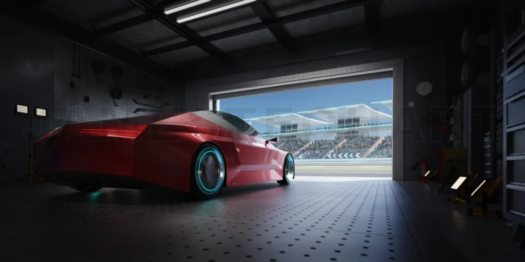 
3D Red futuristic racing car waiting in garage facing racetrack