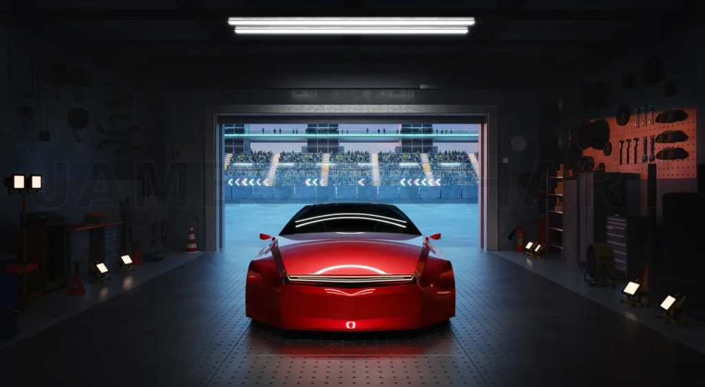 
3D Red sports car waiting in garage facing race track with spectators