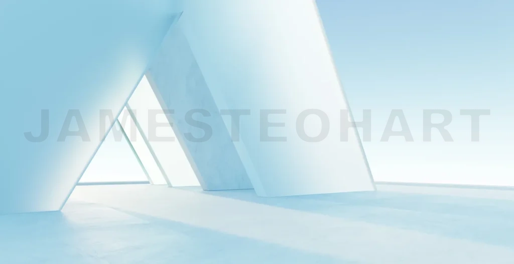 
3d rendering light beams entering modern minimalist interior with triangle shaped windows