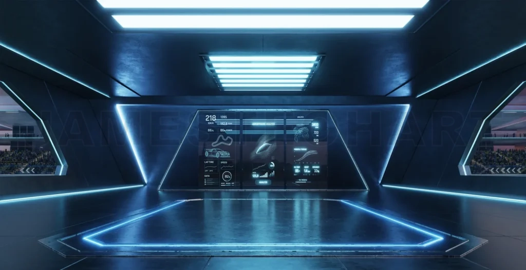 
3D Futuristic high-tech garage with display showing race track and statistics