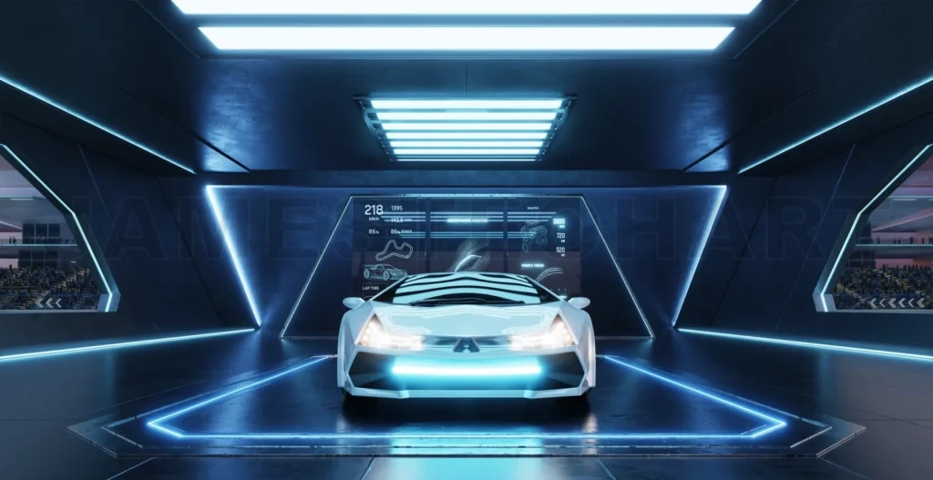 
3D Futuristic white sports car parked in high-tech garage with display showing race track and statistics