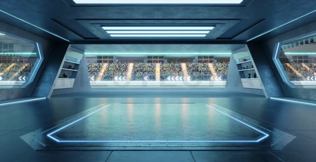
3D rendering Futuristic garage opening on race track with audience cheering