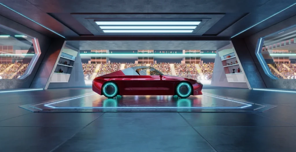 
3D rendering Futuristic red racing car parked in high-tech garage overlooking stadium