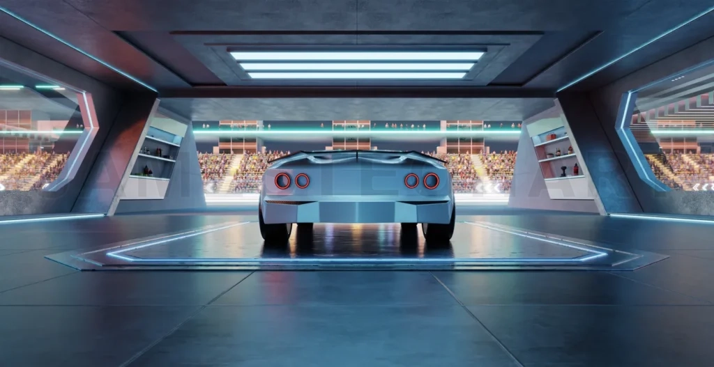 
3D rendering Futuristic race car waiting in high-tech garage overlooking stadium