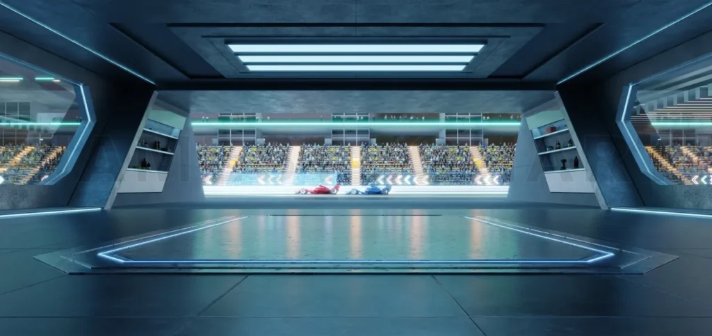 
3D rendering Futuristic garage overlooking racing cars competing on track in stadium