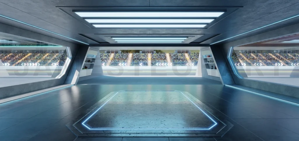 
3D rendering Futuristic garage overlooking race track with spectators cheering