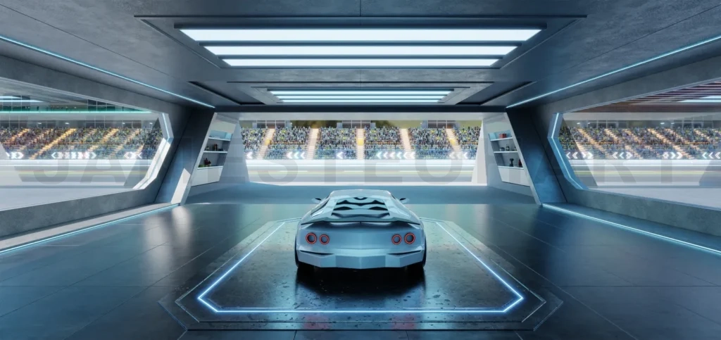 
3D rendering White racing car parked in futuristic garage overlooking race track