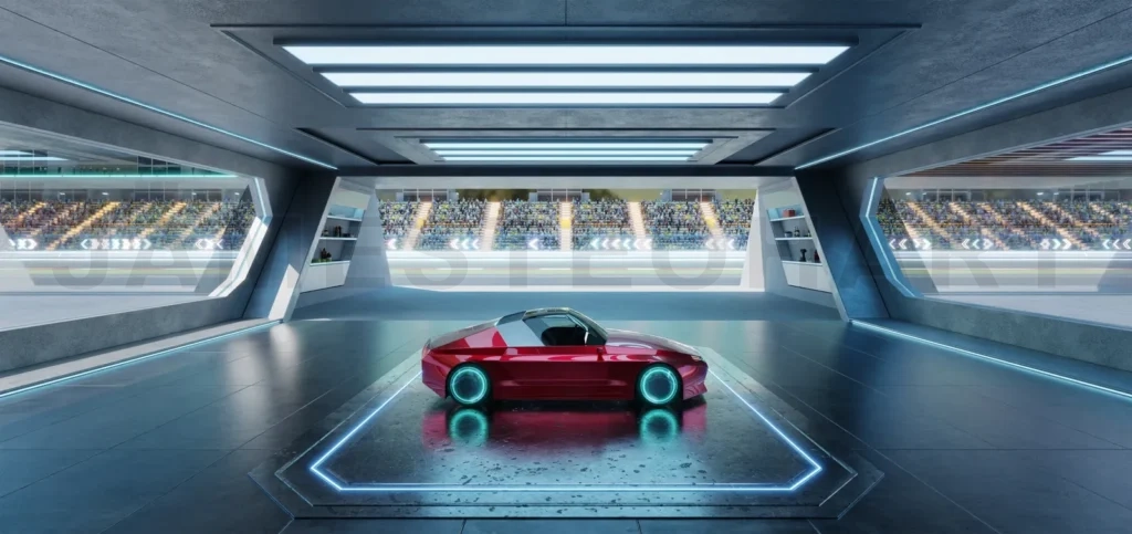 
3D rendering Futuristic red racing car parked in high-tech garage overlooking race track