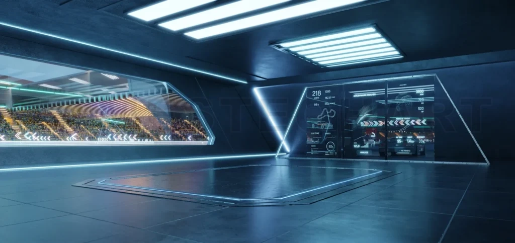 
3D rendering Futuristic garage showing race track and telemetry data on transparent display