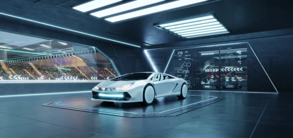 
3D rendering Futuristic white sports car parked in high-tech garage with race track view