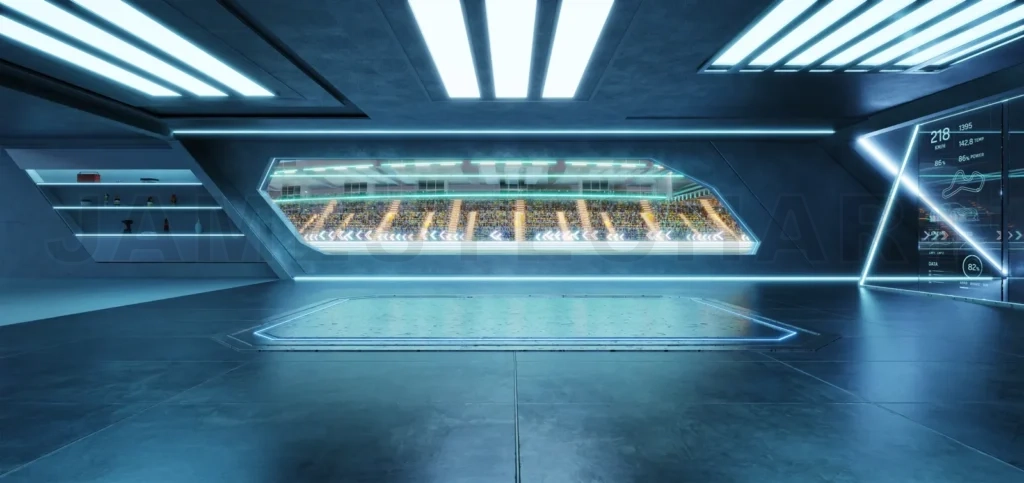 
3D rendering Futuristic garage overlooking race track with spectators cheering