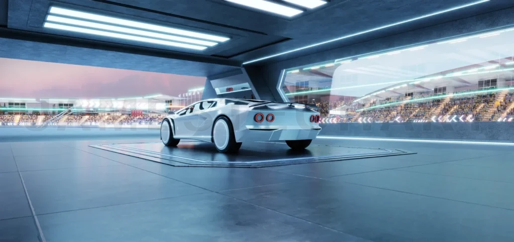 
3D rendering White futuristic sports car parked in high-tech garage overlooking race track