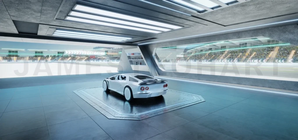 
3D rendering Futuristic white racing car parked inside garage overlooking race track