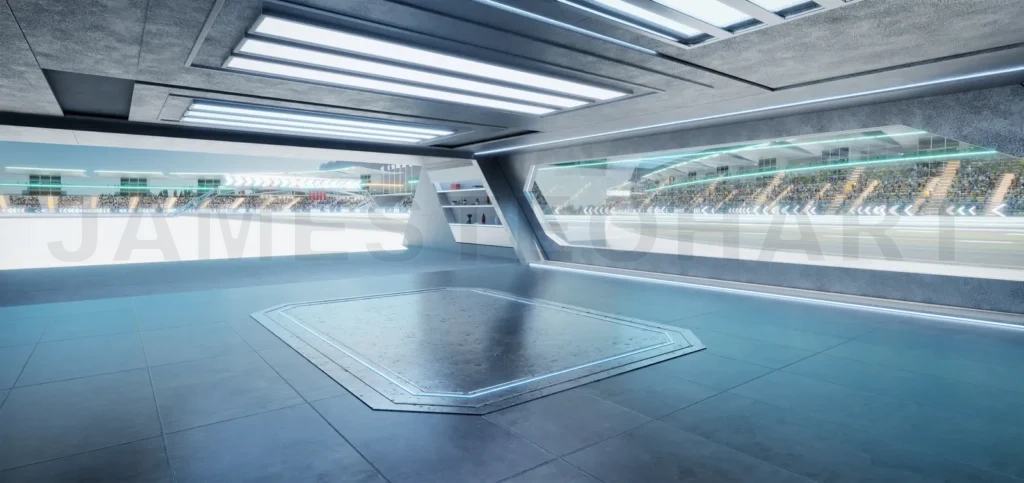 
3D rendering Futuristic garage overlooking race track with spectators cheering