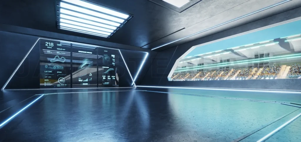 
3D rendering Futuristic garage analyzing race data with spectato