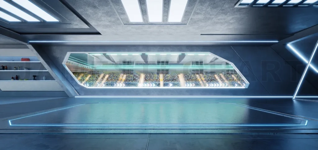 
3D rendering Futuristic garage overlooking racetrack with spectators cheering