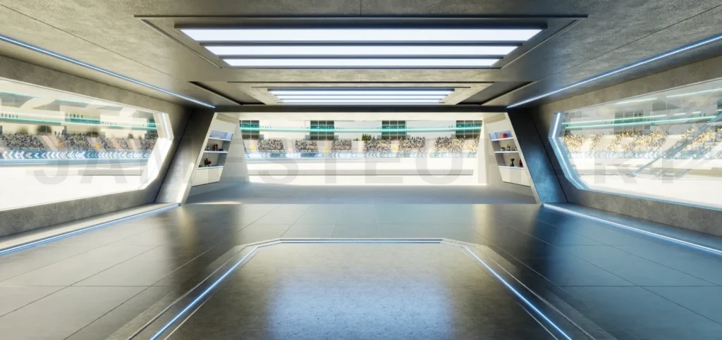 
3D rendering Futuristic garage overlooking racetrack with spectators