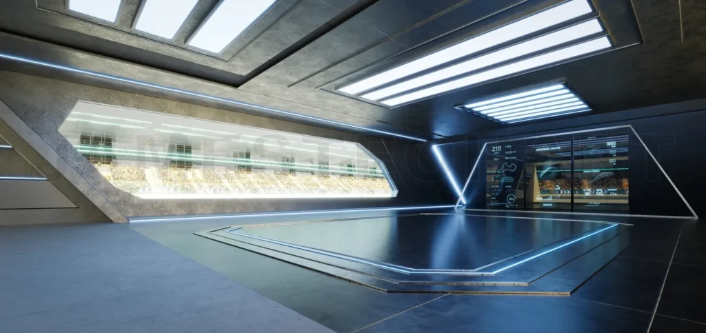 
3D rendering Futuristic garage showing racetrack and performance analysis on screens