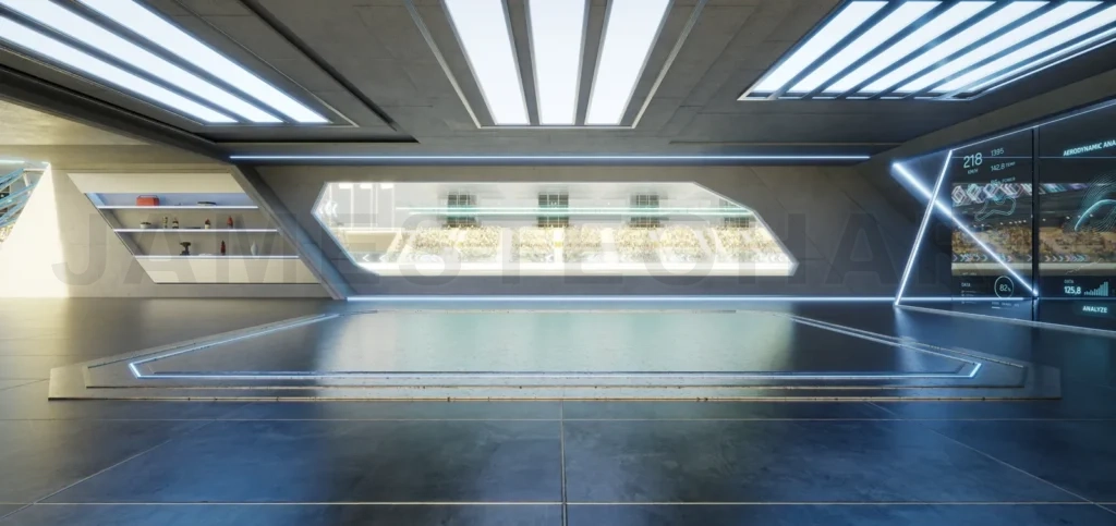 
3D rendering Futuristic garage showing racetrack and performance analysis on screens