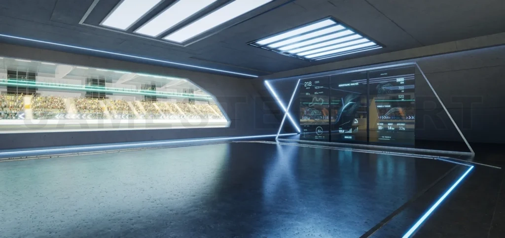 
3D rendering Futuristic garage with racetrack and digital display showing race statistics