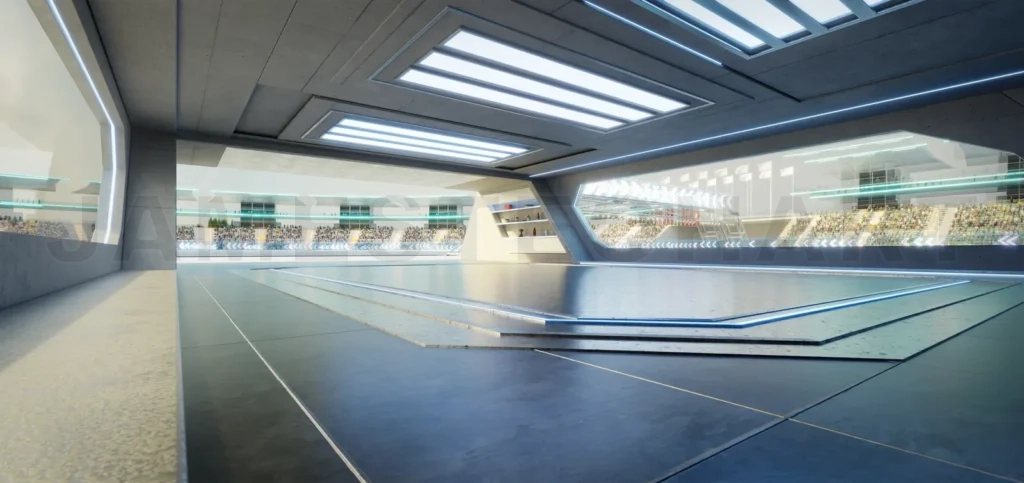 
3D rendering Futuristic garage opening on racetrack with audience cheering