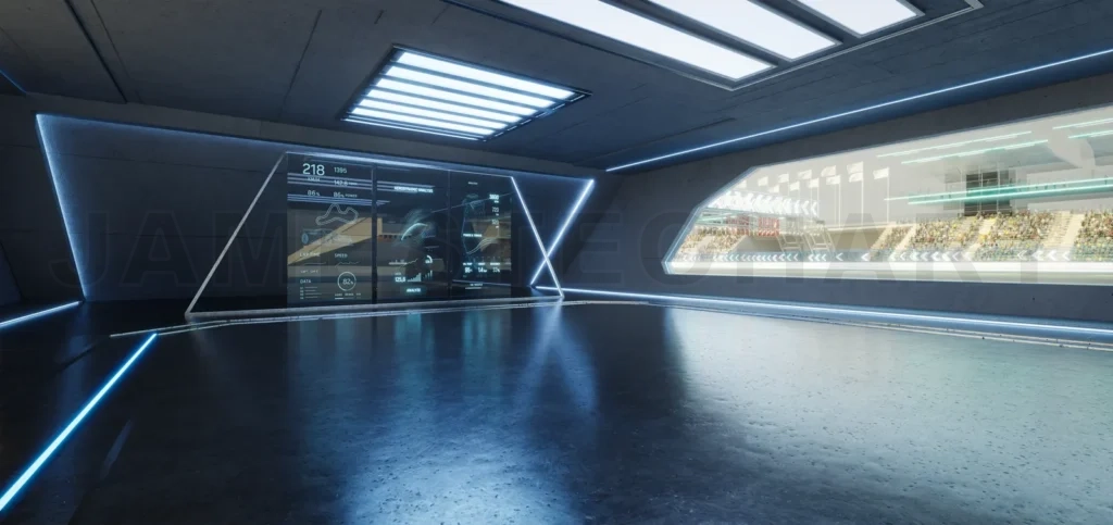 
3D rendering Futuristic garage showing race track with digital display and statistics